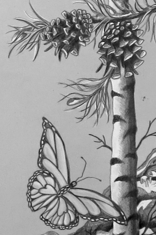 Mechanical owls: butterfly, birch, conifers